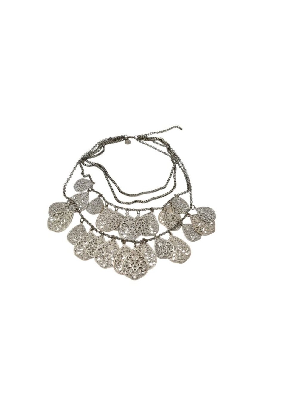 Susan Graver Silvertone Layered Necklace Filigree Teardrop Bib Statement Jewelry